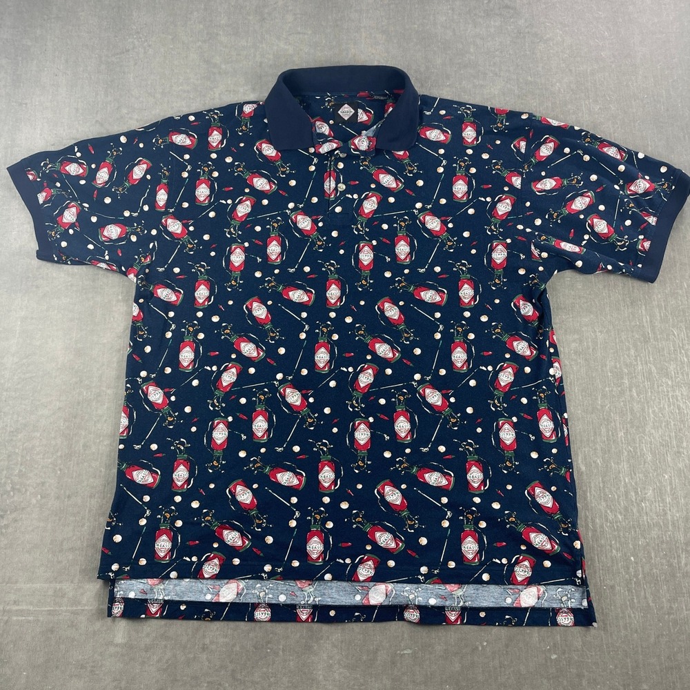 Tabasco Mens 2XLT Navy Blue Polo Shirt Golf Bag Novelty Print‎ Tall